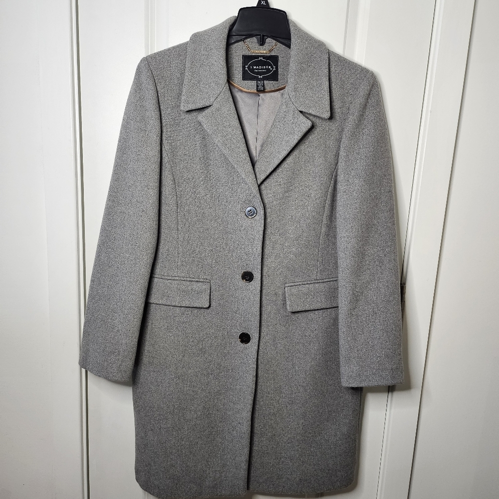 Gray Wool Blend Winter Coat XL Tailored Long Notched Collar Dressy Classic Chic - Picture 6 of 15